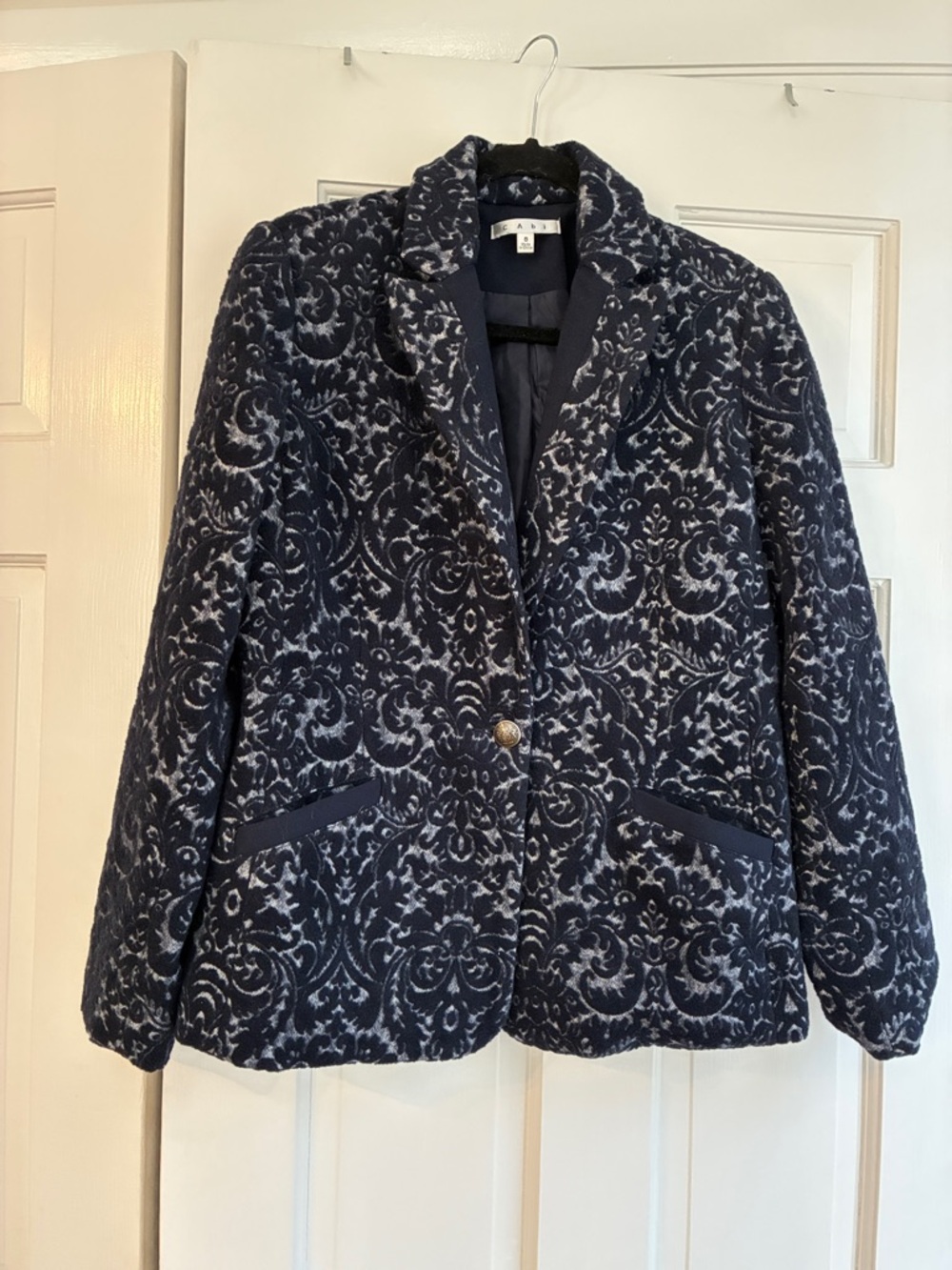Vintage CAbi Navy and silver/gray Patterned Blazer Jacket.